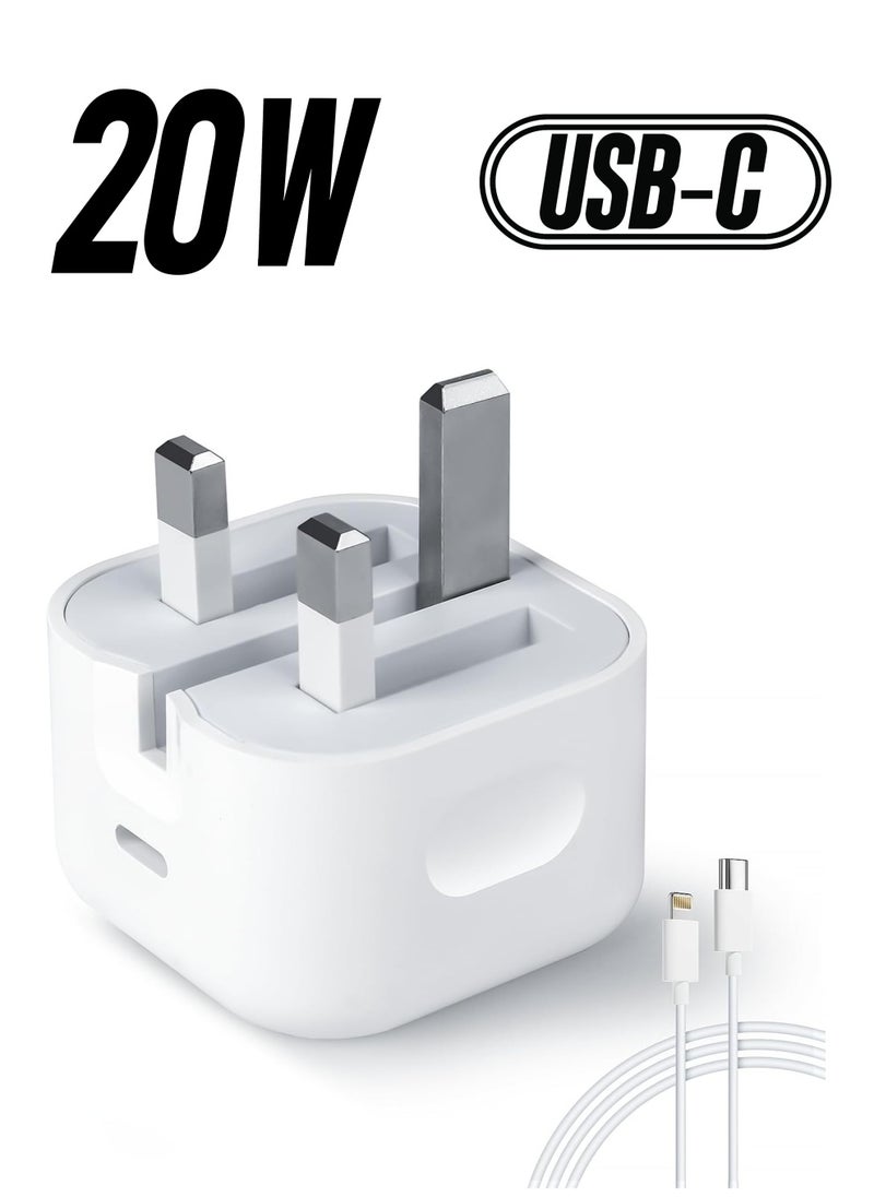 Fast Charger Plug, 20W USB C Fast Charger with 1M Cable for iPhone 14 13 12 Pro Max/Mini/Plus,Pad Pro,USBC PD Wall Charging Plug UK Type C Power Adapter and 6FT Cord