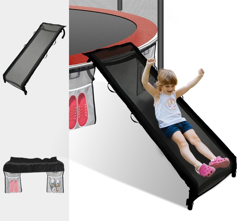Eurmax USA Universal EasytoAssemble Trampoline Slide Ladder Heavy Duty Steel Trampoline Accessory Slide for Kids Climb UpSlide DownBlack with Shoes Pocket