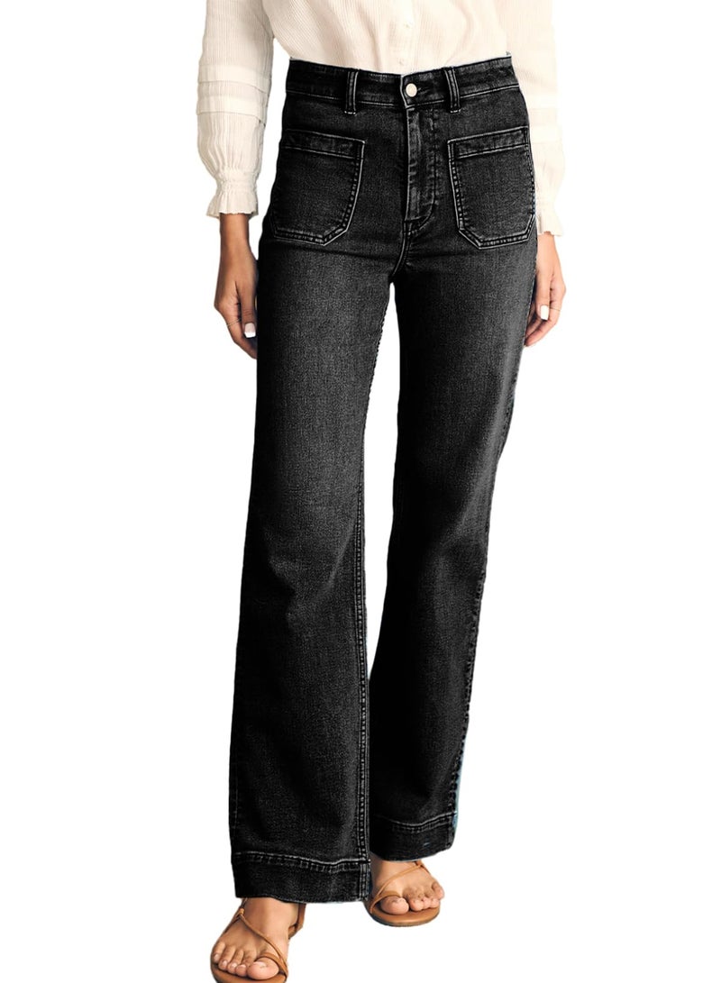 Astylish Women's Wide Leg Jeans High Waisted Stretchy Straight Leg Jeans Loose Denim Pants with Pocket Size 8 Black - Image 1