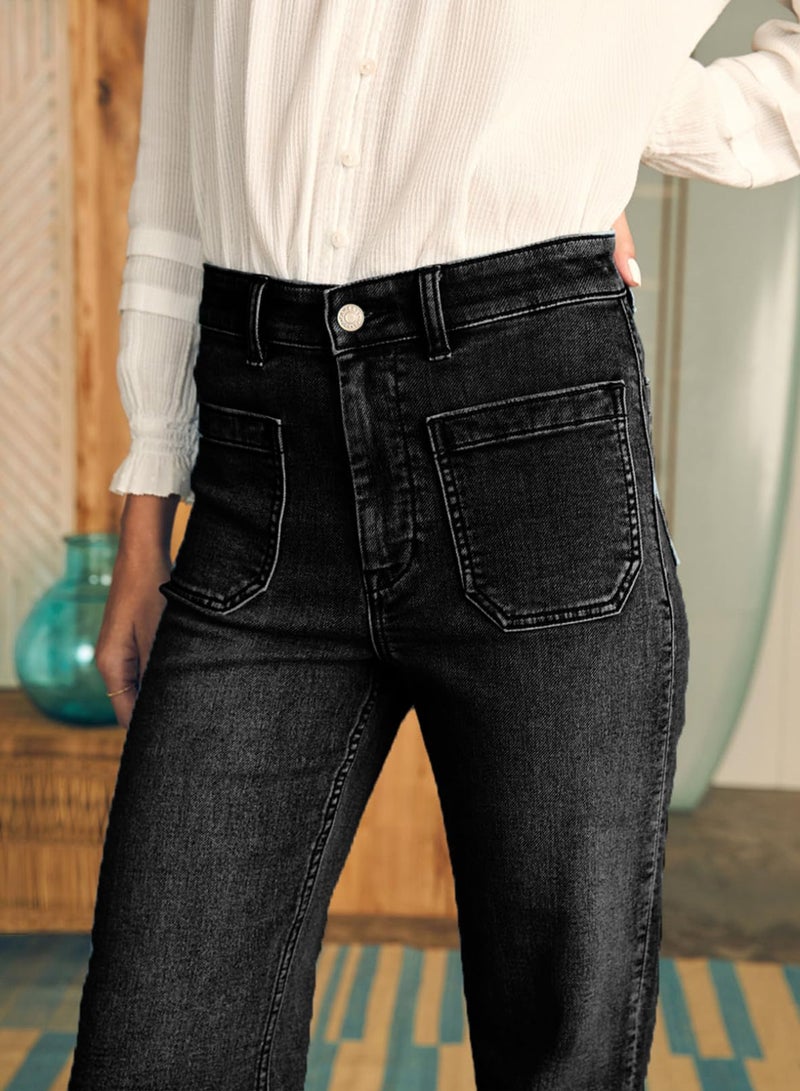 Astylish Women's Wide Leg Jeans High Waisted Stretchy Straight Leg Jeans Loose Denim Pants with Pocket Size 8 Black - Image 5