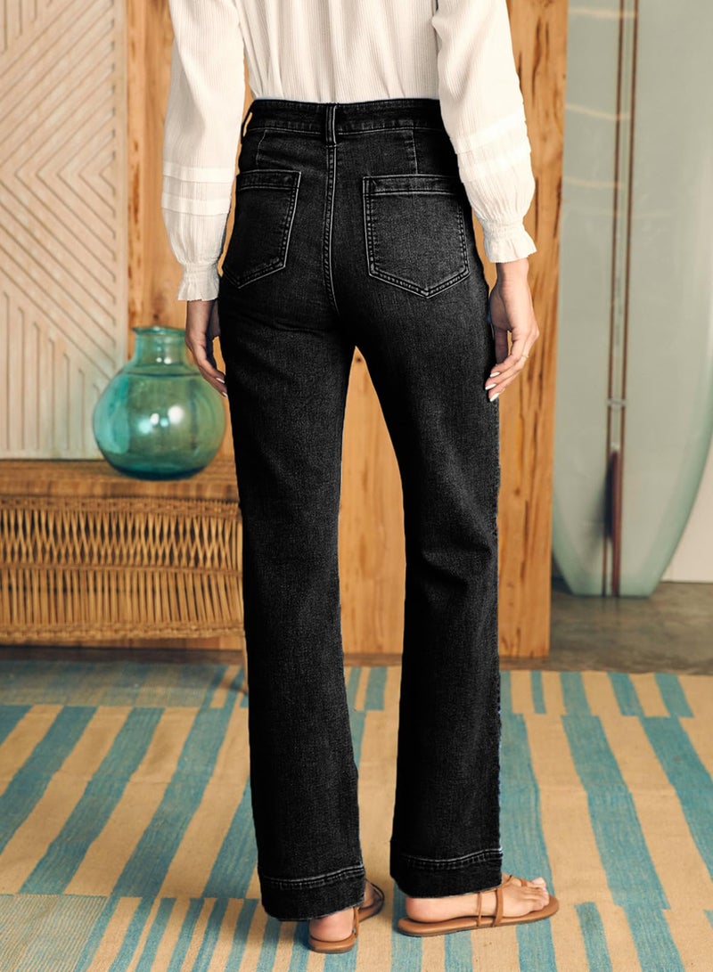 Astylish Women's Wide Leg Jeans High Waisted Stretchy Straight Leg Jeans Loose Denim Pants with Pocket Size 8 Black - Image 4