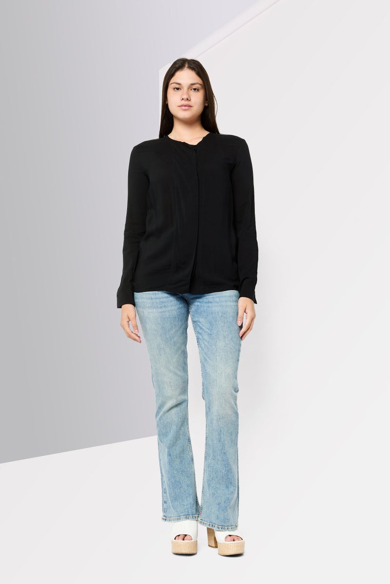 Harmont & Blaine Women Round Neck Long Sleeve Plain Blouse, Black - Image 2
