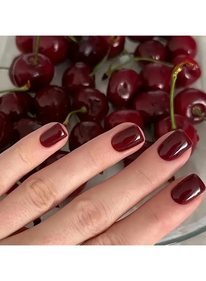 الحياةالبر تقالية أظافر لاصقة قصيرة مربعة بلون أحمر الكرز | لمعان صالون احترافي | مقاومة للماء والخدوش | مناسبة للعمل والحفلات | مجموعة ٢٤ قطعة بأحجام مختلفة - Image 1