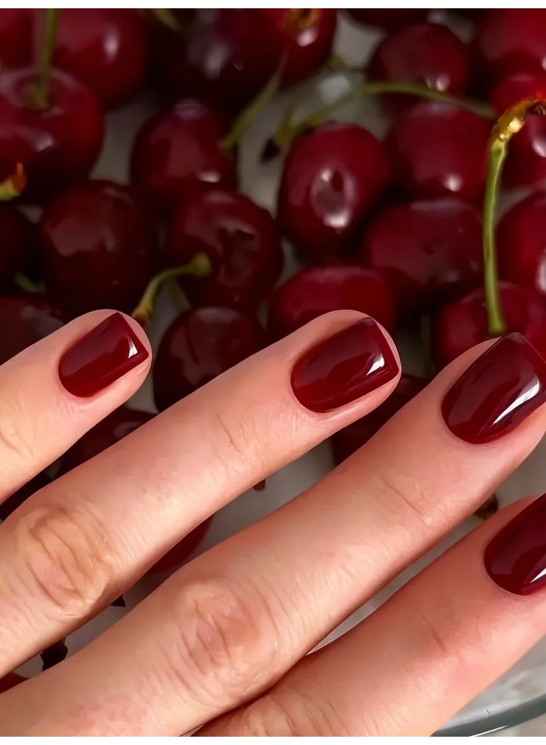 الحياةالبر تقالية أظافر لاصقة قصيرة مربعة بلون أحمر الكرز | لمعان صالون احترافي | مقاومة للماء والخدوش | مناسبة للعمل والحفلات | مجموعة ٢٤ قطعة بأحجام مختلفة - Image 5