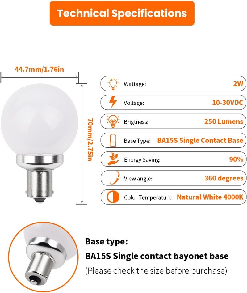 Cheopha 1141 1156 20-99 12V RV Vanity LED Light Bulbs BA15S Single Contact Bayonet Base for RV Camper Trailer Motorhome Marine Boat Interior Bedroom Light Bulb 2W Natural White Pack of 4 - Image 2