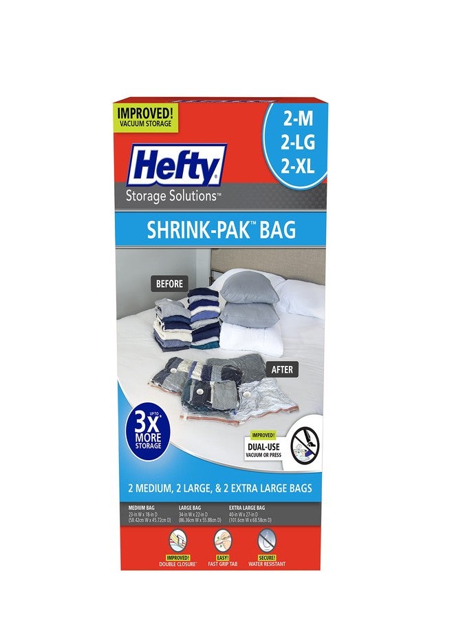 Hefty حقائب تخزين مفرغة هيفتي شيرنك-باك - 2 متوسطة، 2 كبيرة، 2 إكس كبيرة - حقائب موفرة للمساحة للملابس، الوسائد، المناشف، أو البطانيات، مجموعة 6 قطع - Image 4