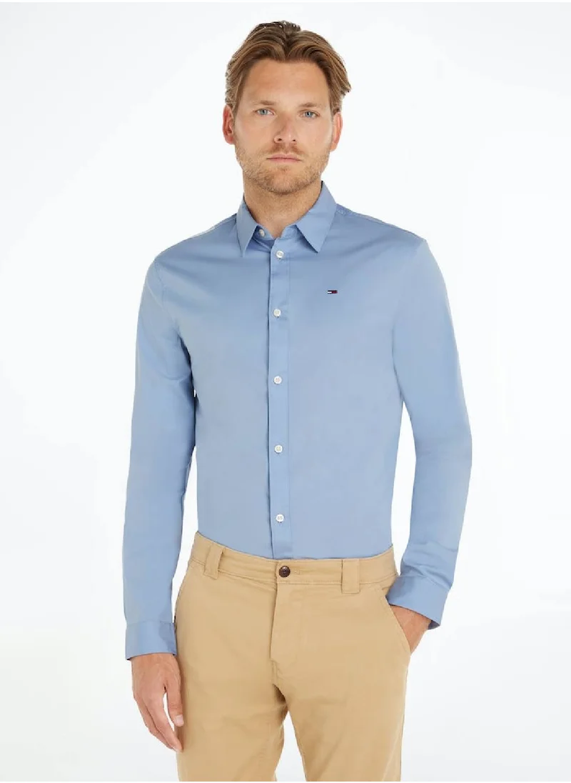 TOMMY JEANS Men's Stretch Slim Fit Casual Shirt, Light Blue