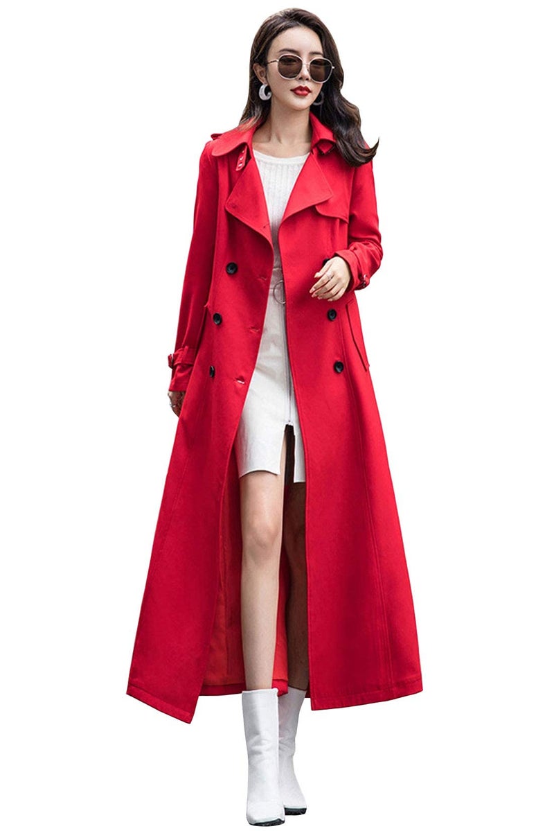ebossy Womens Double Breasted Duster Trench Coat Slim Full Length Maxi Long Overcoat Medium Red
