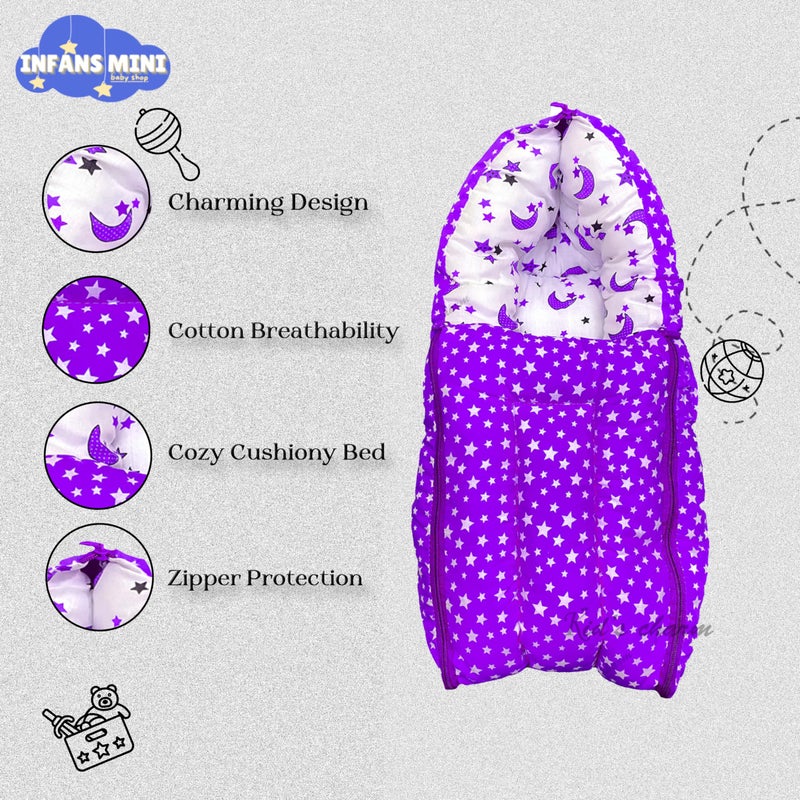 Infans Mini Star Moon Mini 3 in 1 Baby's Cotton Bed Cum Carry Bed Printed Baby Sleeping Bag-Baby Bed-Infant Portable for Unisex Easily Portable, Light Weight Carry for New Born 0-4 Months Old(Violet) - Image 4