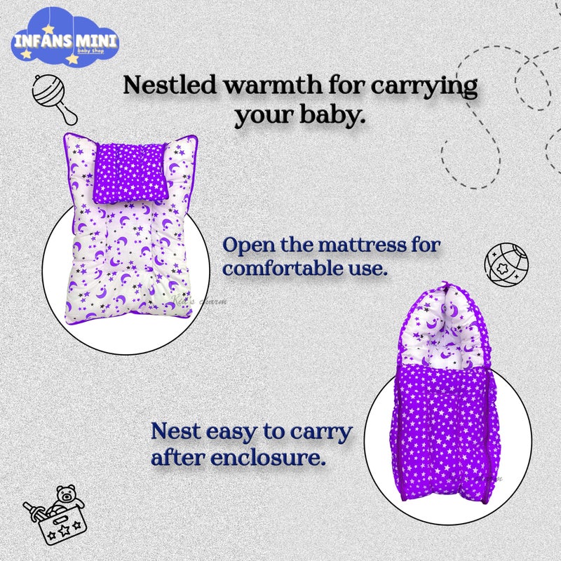 Infans Mini Star Moon Mini 3 in 1 Baby's Cotton Bed Cum Carry Bed Printed Baby Sleeping Bag-Baby Bed-Infant Portable for Unisex Easily Portable, Light Weight Carry for New Born 0-4 Months Old(Violet) - Image 3