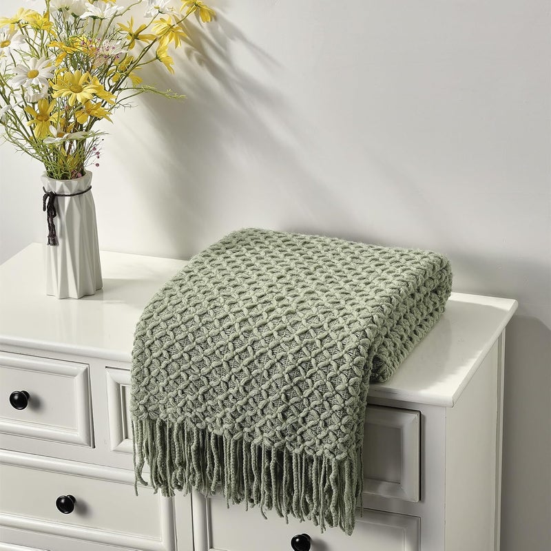Farmhouse Boho Knitted Throw Blanket for Couch Sofa Chair Bed Home Decoration, Soft Warm Cozy Light Weight for Spring Summer Fall (152x204cm Sage Green)