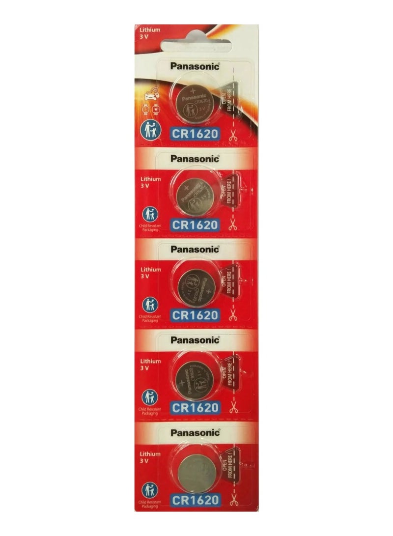 Panasonic 5-Piece CR1620 Lithium Battery, Coin Cell 3V Battery - Image 1