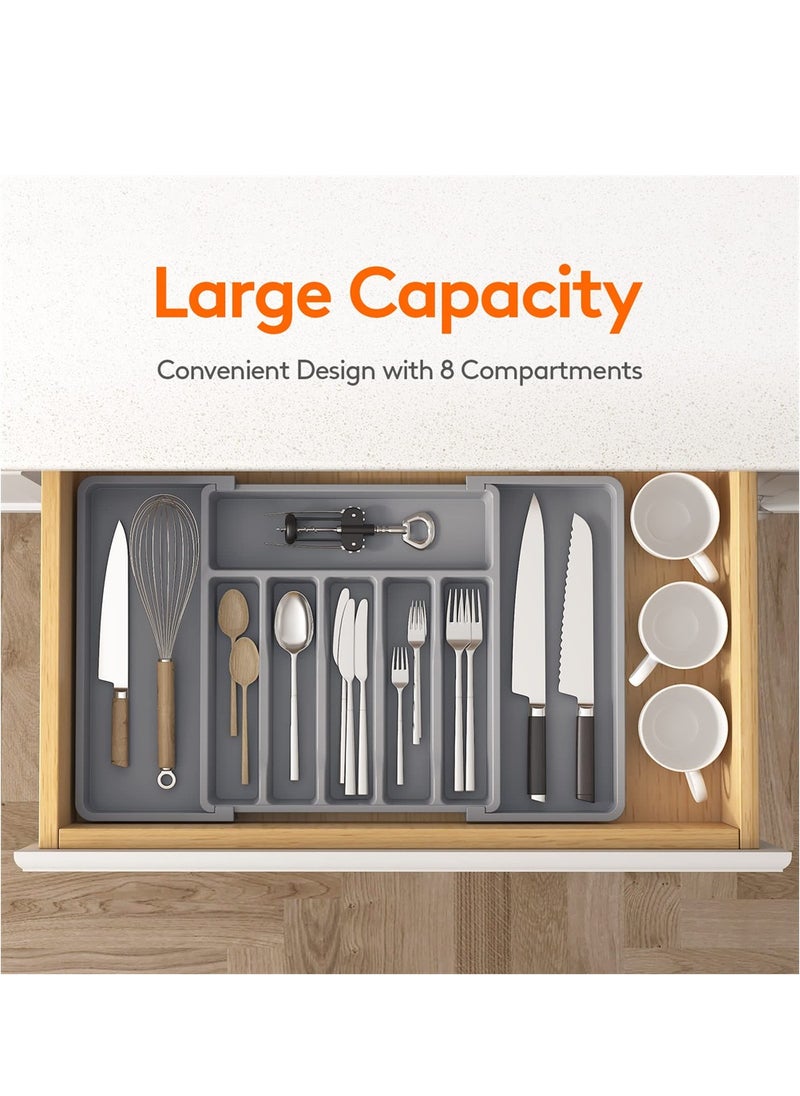 KASTWAVE - Cutlery Tray, Silverware Organizer, Expandable Utensil Tray for Drawer, Adjustable Cutlery Holder for Kitchen Drawer Holding Flatware Spoons Forks, Grey - Image 1