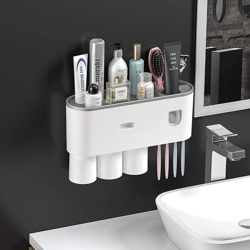 STOREVISE Plastic Wall Mounted Toothbrush Holder With Magnetic Cup And Automatic Toothpaste Dispenser Set. Suspension Rack Storage Drawer Family Bathroom - No Drilling Studs (3 Cup, White) - Image 1