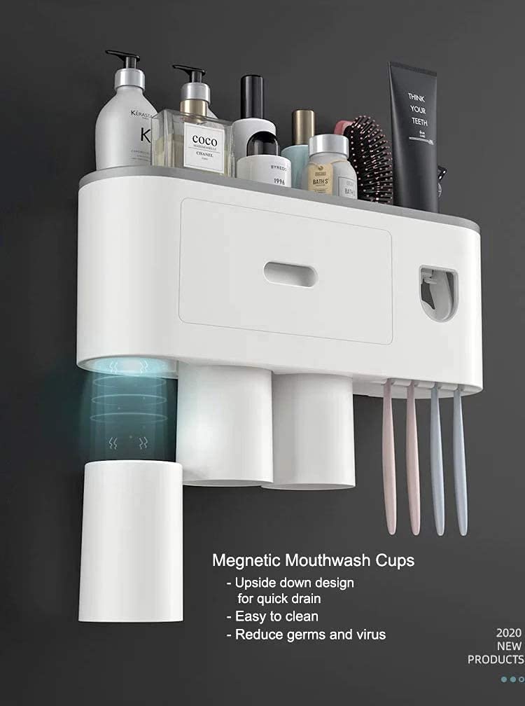 STOREVISE Plastic Wall Mounted Toothbrush Holder With Magnetic Cup And Automatic Toothpaste Dispenser Set. Suspension Rack Storage Drawer Family Bathroom - No Drilling Studs (3 Cup, White) - Image 2