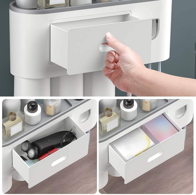 STOREVISE Plastic Wall Mounted Toothbrush Holder With Magnetic Cup And Automatic Toothpaste Dispenser Set. Suspension Rack Storage Drawer Family Bathroom - No Drilling Studs (3 Cup, White) - Image 4