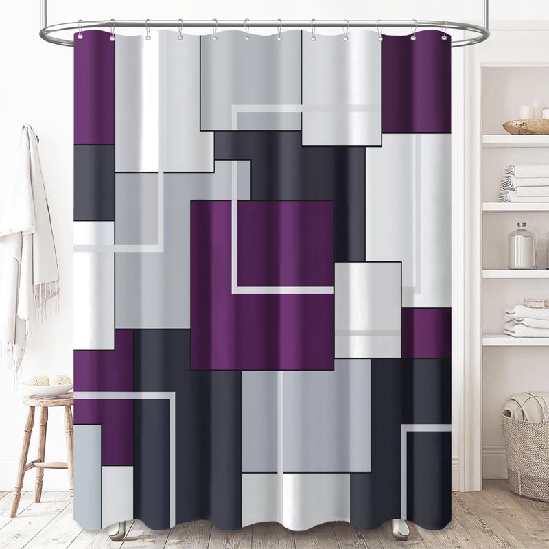 BTTN Purple Fabric Shower Curtain  Modern Geometric Neutral Cloth Shower Curtain Set with Plastic Hooks  Weighted Hem  Water Repellent  Luxury Decorative Polyester Shower Curtains for Bathroom  72x72