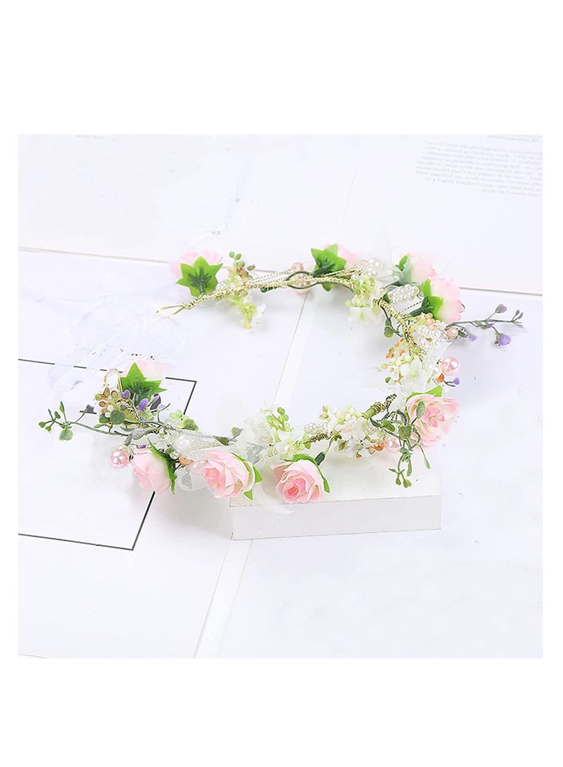 إسكدنيا Boho Flower Headband Hair Wreath Floral Garland Crown Halo Headpiece with Ribbon Wedding Festival Party - Image 2