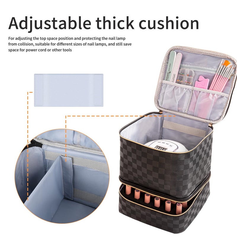 KGMCARE Portable Nail Polish Organizer Bag with UV Light Case - Holds 30 Bottles and 1 UV Nail Lamp, Double-Layers Nail Dryer Case for Gel Nail Polish Kit, Nail Art Decorationsï¼ˆCheckered Blackï¼‰ - Image 4