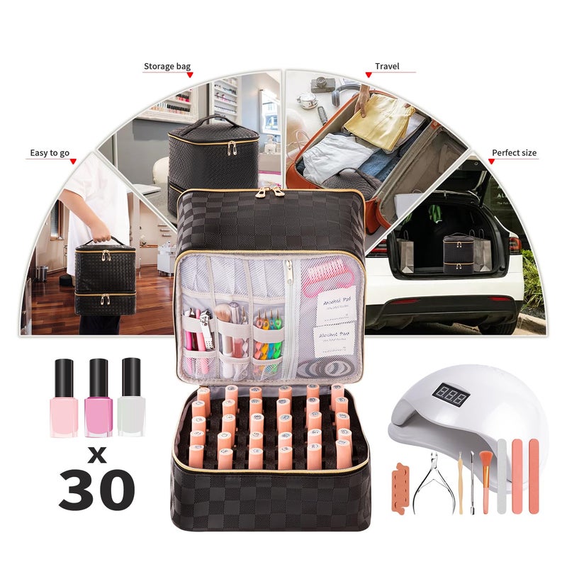 KGMCARE Portable Nail Polish Organizer Bag with UV Light Case - Holds 30 Bottles and 1 UV Nail Lamp, Double-Layers Nail Dryer Case for Gel Nail Polish Kit, Nail Art Decorationsï¼ˆCheckered Blackï¼‰ - Image 2