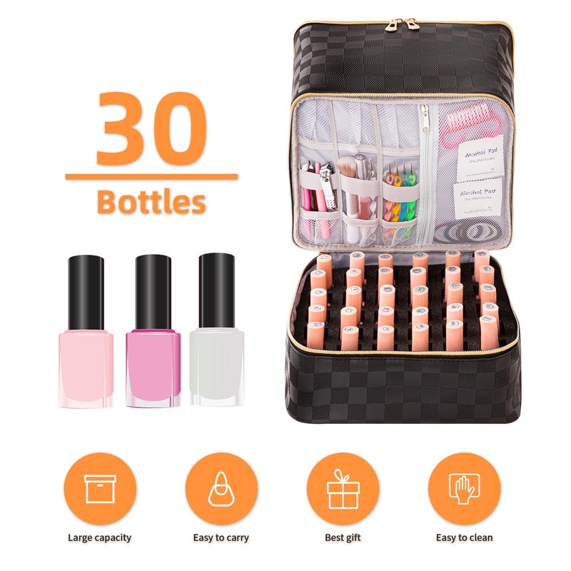 KGMCARE Portable Nail Polish Organizer Bag with UV Light Case - Holds 30 Bottles and 1 UV Nail Lamp, Double-Layers Nail Dryer Case for Gel Nail Polish Kit, Nail Art Decorationsï¼ˆCheckered Blackï¼‰ - Image 3