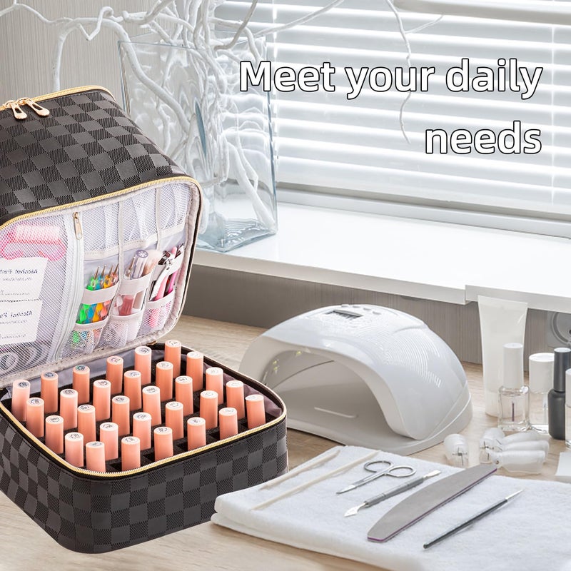 KGMCARE Portable Nail Polish Organizer Bag with UV Light Case - Holds 30 Bottles and 1 UV Nail Lamp, Double-Layers Nail Dryer Case for Gel Nail Polish Kit, Nail Art Decorationsï¼ˆCheckered Blackï¼‰ - Image 5