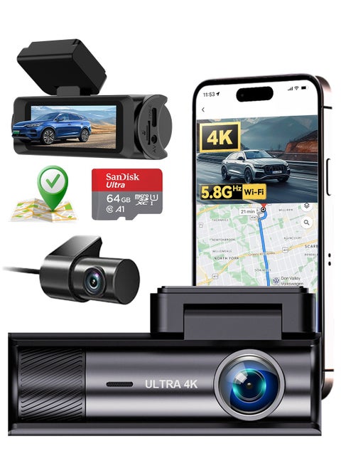 كاميرا داش 4K أمامية وخلفية 1080P، كاميرا مزدوجة للسيارات، رؤية ليلية، GPS، واي فاي 5G مدمج، كاميرا داش مع تحكم عبر التطبيق، شاشة مراقبة وقوف السيارات، مستشعر G، بطاقة SD 64 جيجابايت مضمنة، تدعم 256 جيجابايت كحد أقصى