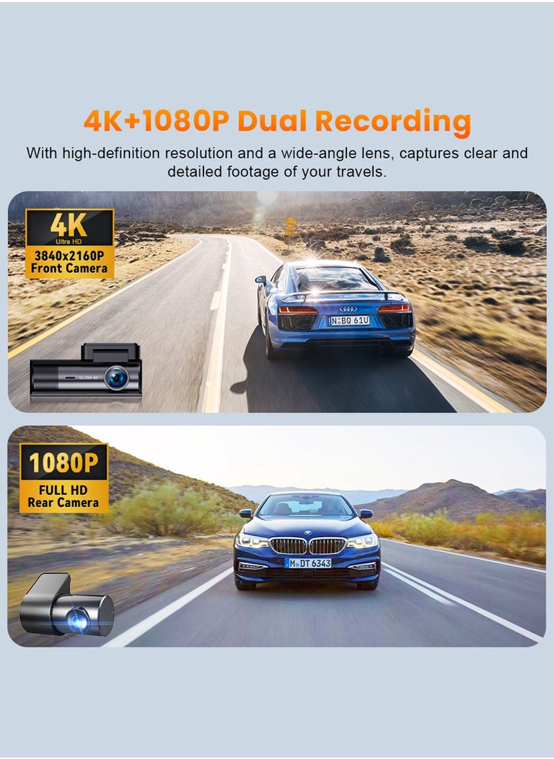 ديقيساند كاميرا داش 4K أمامية وخلفية 1080P، كاميرا مزدوجة للسيارات، رؤية ليلية، GPS، واي فاي 5G مدمج، كاميرا داش مع تحكم عبر التطبيق، شاشة مراقبة وقوف السيارات، مستشعر G، بطاقة SD 64 جيجابايت مضمنة، تدعم 256 جيجابايت كحد أقصى  - Image 3