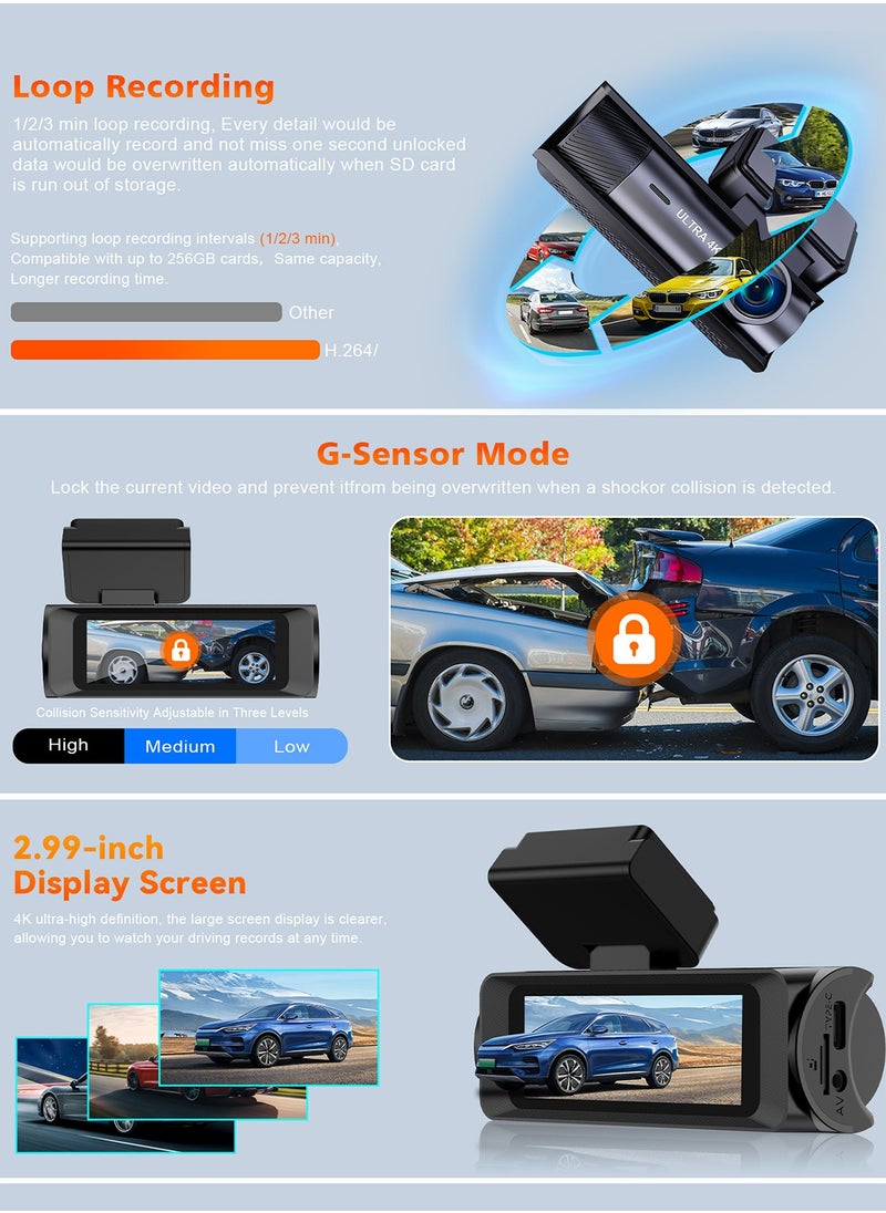 كاميرا داش 4K أمامية وخلفية 1080P، كاميرا مزدوجة للسيارات، رؤية ليلية، GPS، واي فاي 5G مدمج، كاميرا داش مع تحكم عبر التطبيق، شاشة مراقبة وقوف السيارات، مستشعر G، بطاقة SD 64 جيجابايت مضمنة، تدعم 256 جيجابايت كحد أقصى