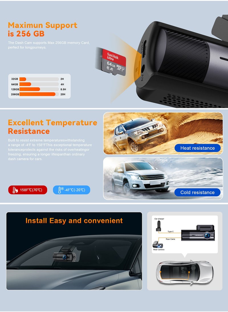 كاميرا داش 4K أمامية وخلفية 1080P، كاميرا مزدوجة للسيارات، رؤية ليلية، GPS، واي فاي 5G مدمج، كاميرا داش مع تحكم عبر التطبيق، شاشة مراقبة وقوف السيارات، مستشعر G، بطاقة SD 64 جيجابايت مضمنة، تدعم 256 جيجابايت كحد أقصى