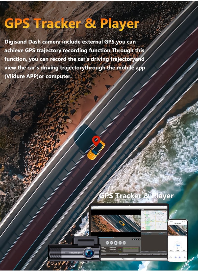 ديقيساند كاميرا داش 4K أمامية وخلفية 1080P، كاميرا مزدوجة للسيارات، رؤية ليلية، GPS، واي فاي 5G مدمج، كاميرا داش مع تحكم عبر التطبيق، شاشة مراقبة وقوف السيارات، مستشعر G، بطاقة SD 64 جيجابايت مضمنة، تدعم 256 جيجابايت كحد أقصى  - Image 5