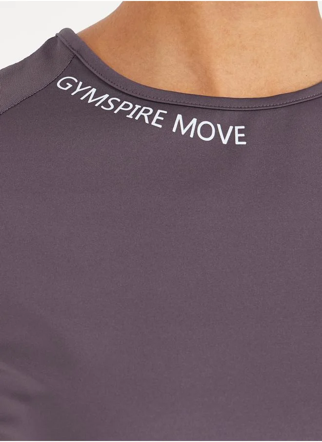 Styli Gymspire Edition - Label Text Print Mesh Insert Short Sleeve Top