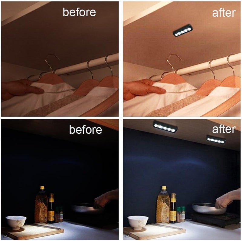 Onerbuy 4 عبوة من مصابيح LED تعمل بالبطارية مع لمسة DIY يمكن لصقها في أي مكان 5-LED لمسة اضغط على ضوء مصباح ليلي لدولاب الملابس، الخزائن، الخزانة، الممر، السلالم، المرائب، السيارة (أسود) - Image 3