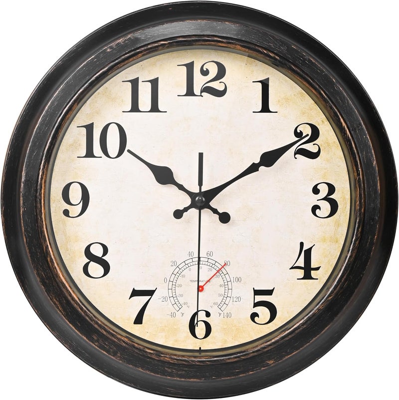 Yoiolclc 12 Inch Outdoor Clock Waterproof with Thermometer Retro Wall Clock for Garden Patio Pool Home(Bronze) - Image 1