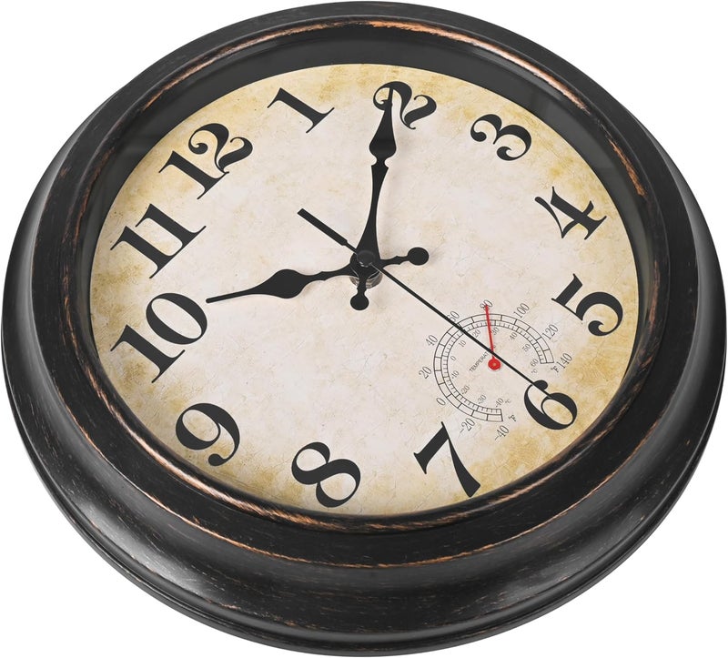 Yoiolclc 12 Inch Outdoor Clock Waterproof with Thermometer Retro Wall Clock for Garden Patio Pool Home(Bronze) - Image 5