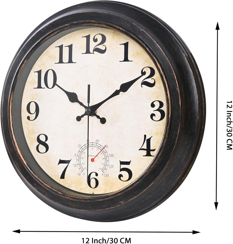Yoiolclc 12 Inch Outdoor Clock Waterproof with Thermometer Retro Wall Clock for Garden Patio Pool Home(Bronze) - Image 3