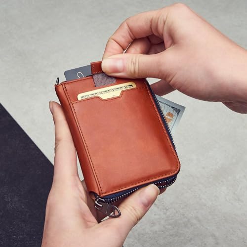 Contacts Unisex RFID Blocking Minimalist Leather Zipper Slim Multi Cardholder Wallet (N150-Tan) - Image 5
