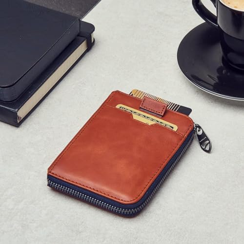 Contacts Unisex RFID Blocking Minimalist Leather Zipper Slim Multi Cardholder Wallet (N150-Tan) - Image 4