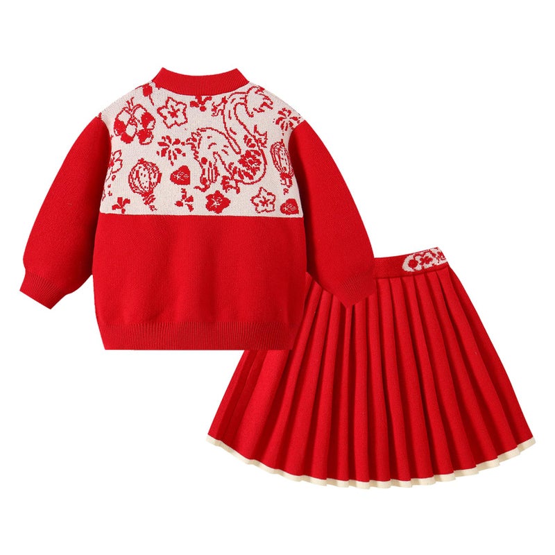 Mud Kingdom Knit Set Little Girls Knitted Sweater Embroidered Patterns Pleated Skirt Bow New Year Red Outfit 5T - Image 2