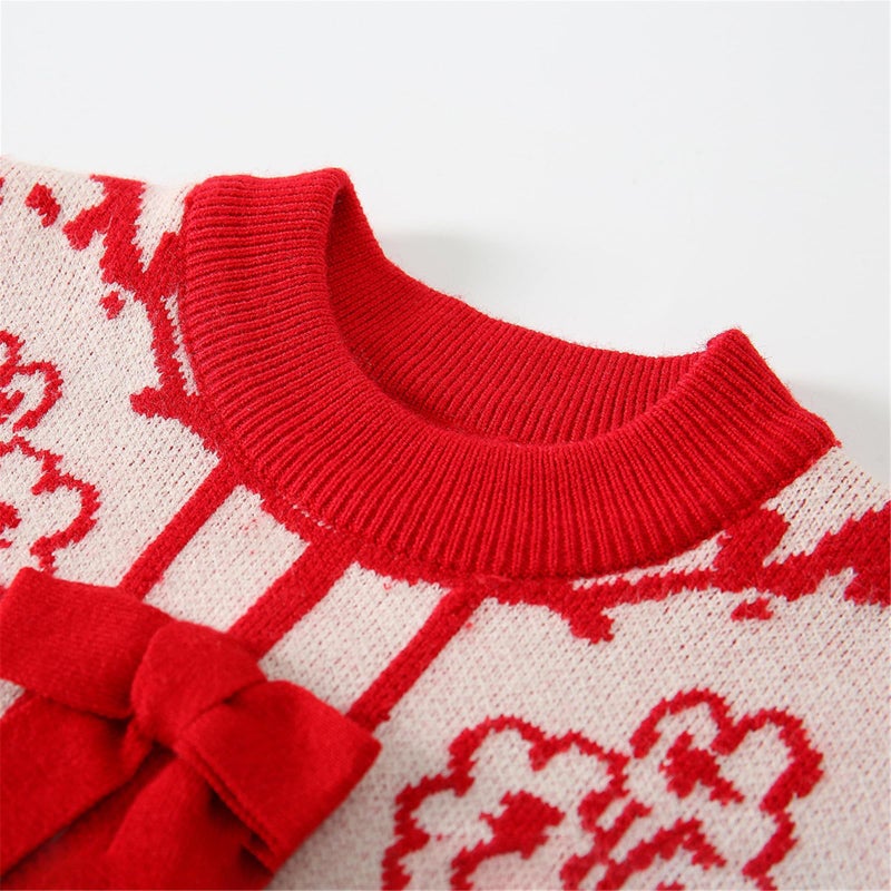 Mud Kingdom Knit Set Little Girls Knitted Sweater Embroidered Patterns Pleated Skirt Bow New Year Red Outfit 5T - Image 3