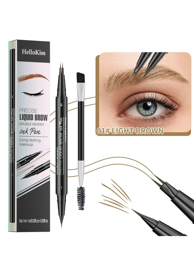 HelloKiss - Precise Liquid Eyebrow Pen with Brush Double Headed Ink Pen 2 Tip Microblading Brow Pen Curved Eyebrow Pencil, 2 Fork Tip Eye Pen Waterproof Long Lasting Ink Pen Light Brown 01 - Image 1