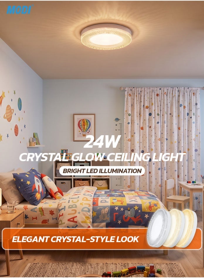 MODI 24W Round Crystal LED Ceiling Light, 18cm Flush Mount Lamp, 3-Color Temperature (3000K/4000K/6500K), Flicker-Free with E27 Adapter for Home & Office - Image 1