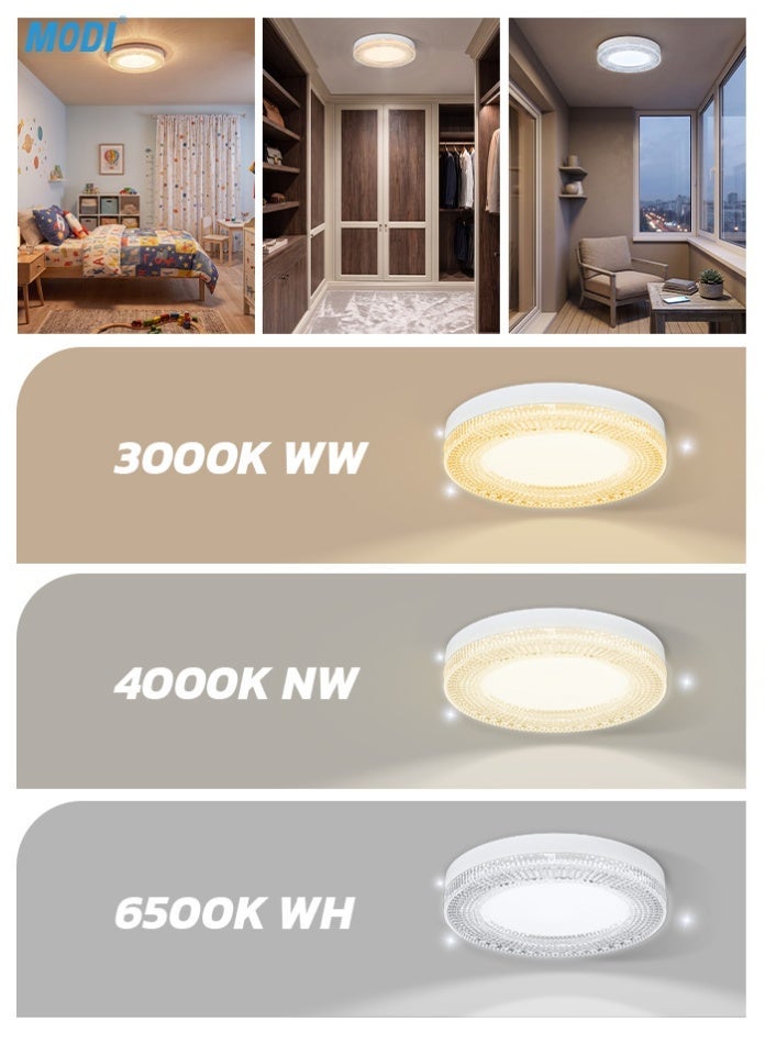 MODI 24W Round Crystal LED Ceiling Light, 18cm Flush Mount Lamp, 3-Color Temperature (3000K/4000K/6500K), Flicker-Free with E27 Adapter for Home & Office - Image 3