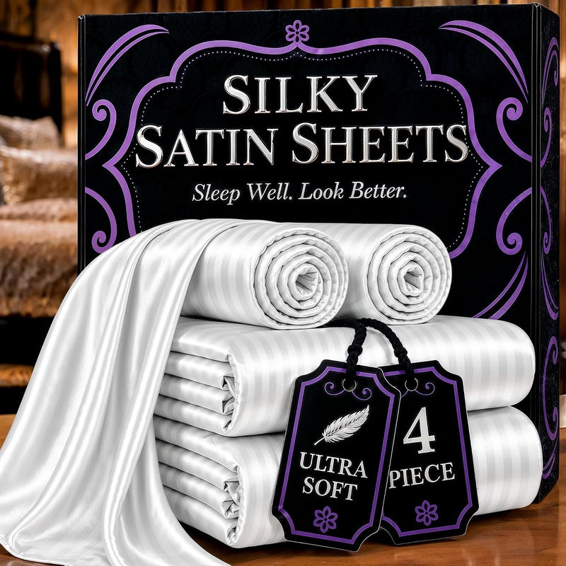 DECOLURE Striped Satin Sheets Twin Set 4pc - Luxurious Silk Feel Satin Bed Sheets Twin- Elegant Silky Soft Twin Size Satin Bed Set, Wrinkle-Free Twin White Satin Sheets with Deep Pocket Twin (White) - Image 1