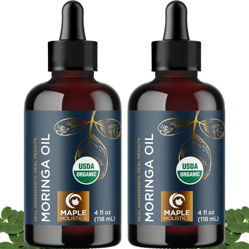 Maple Holistics Organic Moringa Oil for Hair and Skin - Cold Pressed Virgin Unrefined Natural Pure USDA Organic Hair Oil for Dry Damaged Hair and Ultra Hydrating Face Oil - Carrier Oil for Essential Oils (2 Pack) - Image 1