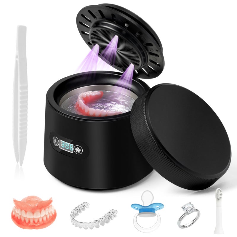 MALLMALL6 Ultrasonic Retainer Cleaner with UV AirDrying 45kHz Portable Dental Retainer Machine with 3 Timing Modes Dental Cleaning Pod for Dentures Mouth Guards Braces Aligner Jewelry