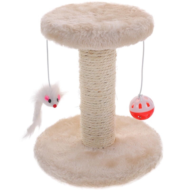 Beige Double Layer Cat Scratching Post With Sisal Pole And Plush Balls - Image 2