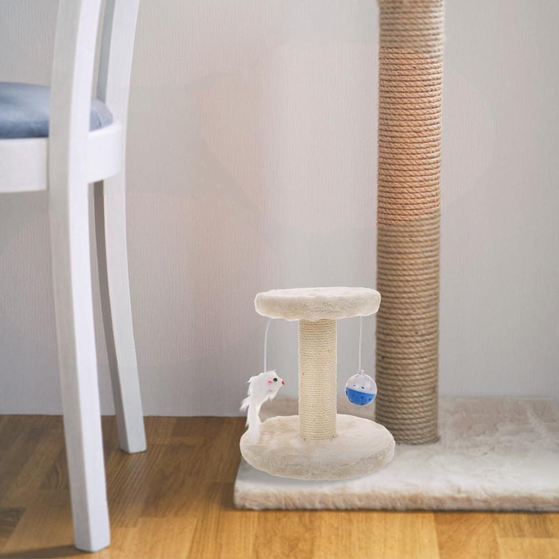 Beige Double Layer Cat Scratching Post With Sisal Pole And Plush Balls - Image 5