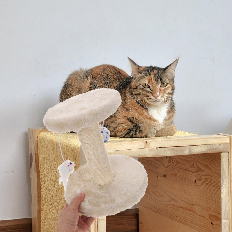 Beige Double Layer Cat Scratching Post With Sisal Pole And Plush Balls - Image 4