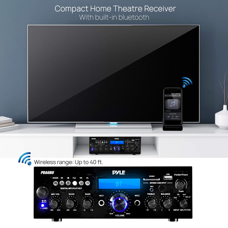 Pyle Wireless Bluetooth Power Amplifier System - 200W Dual Channel Sound Audio Stereo Receiver w/ USB, SD, AUX, MIC IN w/ Echo, Radio, LCD - For Home Theater Entertainment via RCA, Studio Use - PDA6BU - Image 4